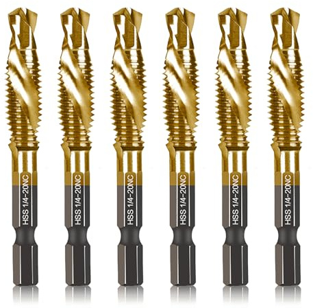 6-pc 1/4-20NC Combination Drill Tap Bit Set SAE, 1/4 UNC-20 Thread Size, Titanium Coated High-Speed Steel, Ideal for Drilling and Threading in Soft Metal Wood and Plastic, 1/4” Hex Shank