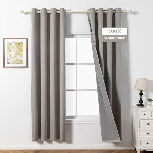MYSKY HOME Gardine Leinenoptik Blickdichte Vorhänge mit Ösen Wohnzimmer Verdunkelungsvorhang Thermo Gardinen Hitzeschutz Wärmeisolierend,Leinen,2er Set H 225 x B 140 cm.