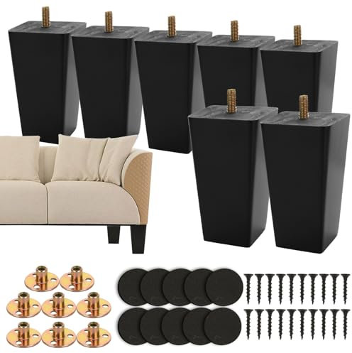 MUXHEL Lot de 8 pieds de canapé de hauteur - 10 cm - Pieds de rechange en bois massif - Boulon M8 avec plaque de montage et vis pour canapé, fauteuil, commode - Noir
