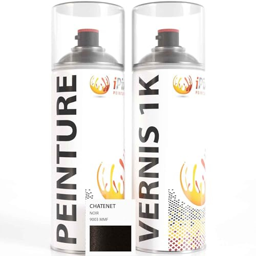 ipixline Kit Retouche Peinture Carrosserie Voiture - Bombe Aérosol Peinture Auto 400 ml, Vernis Brillant 1k 400 ml - Compatible avec Chatenet - Noir 9003 MMF