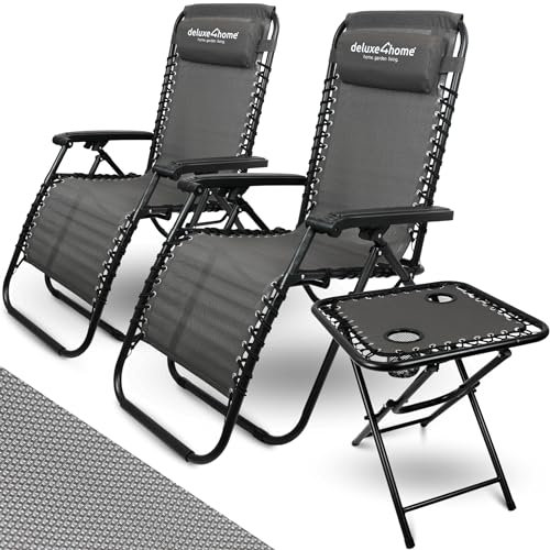 deluxe4home® 3-teiliges Liegestuhl Set mit Klapptisch I Sitzgruppe klappbar I Gartenstuhl Strandliege Flexibles Gewebe Atmungsaktiv Tisch mit Getränkehalter I Sonnenliege Anthrazit