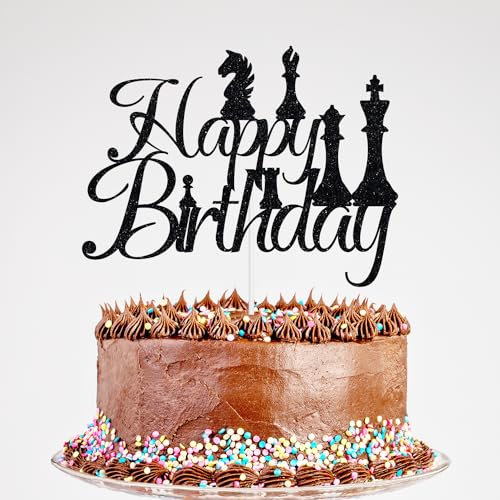 Glitter Happy Birthday Cake Topper - Chess Birthday Cake Decor, King Queen Pawn Birthday Party Decorations Black