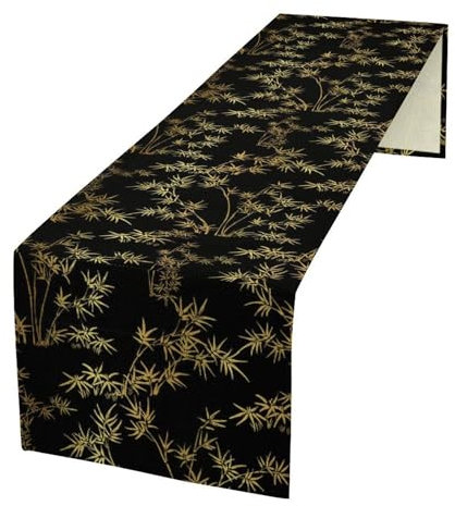 Chinesischer Bambus-Tischläufer, traditioneller japanischer goldfarbener schwarzer Bambusdruck, Tischläufer für Zuhause, Küche, Hochzeit, Party, Outdoor-Dekoration, 33 x 152,4 cm