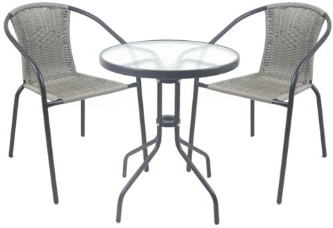 LOLAhome Conjunto Jardín Exterior 1 Mesa y 2 Sillas | Mesa de Cristal y Acero | 2 Sillones Ratan Gris y Acero | Epoxi Anticorrosión y Apilables | Resistente y Duradero | Balcón, Terraza | Trivia