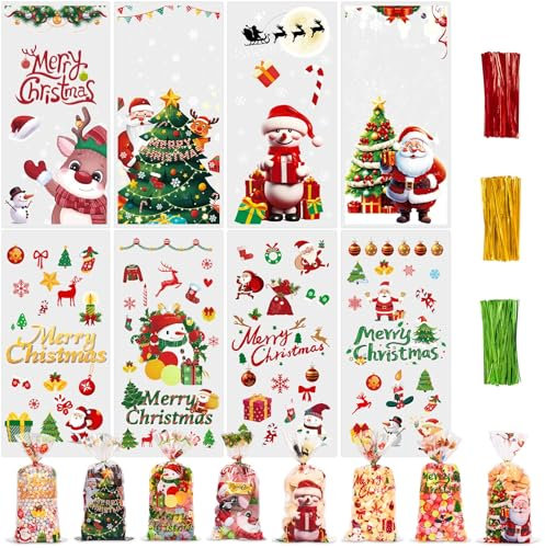 Toptime Plätzchentüten, 160 Stück Kekstüten Weihnachten mit 180 Twist Krawatten, Transparente Geschenktüten Weihnachten mit Weihnachtsmann Schneeflocke, Süßigkeiten Tüten Weihnachtstüten zum Befüllen