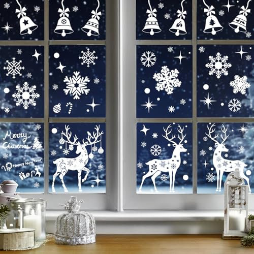 Zindoo Christmas Window Stickers Clings, 183pcs Christmas Window Decorations, 7Sheet Reindeer Snowflakes Xmas Window Stickers, Reusable Static White Window Decals for Christmas Decorations Indoor Home