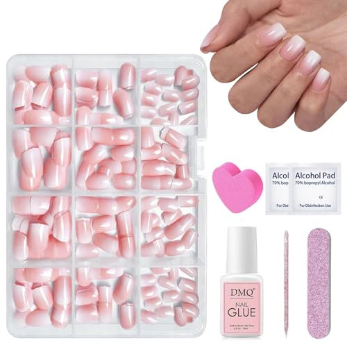 DMQ Ombre Fake Nails Kit with Glue, 240Pcs Square Pink Gradient False Nails Short, Soft Gel Pink Tips Acrylic Fake Nails, 12 Sizes Glossy Full Cover Stick on Nails for Women Girls Nails Art