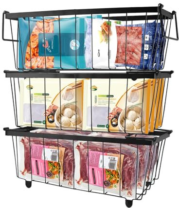 mumisuto Chest Freezer Baskets, 3 Pack Stackable Wire Freezer Organiser with Handles for 5 and 7 Cubic Chest Freezers, Bottom with Non-slip Silicone Cover, Sort Frozen Foods, Add More Space, Black