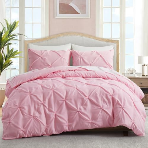 E-yimeng Bettwäsche-Set für Doppelbett, Biesen-Bettwäsche-Set, rosa Quetschfalten, Bettbezug mit 2 Kissenbezügen, Reißverschluss, luxuriöse Bettwäsche-Kollektion, pflegeleicht und maschinenwaschbar,