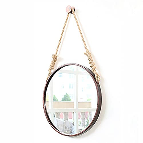 JFNHUTL Espejo de tocador Redondo para baño, Espejo Colgante con Cuerda de cáñamo, Espejo de tocador de Pared, Espejo de tocador Circular de Hierro Forjado, Espejo Decorativo nó