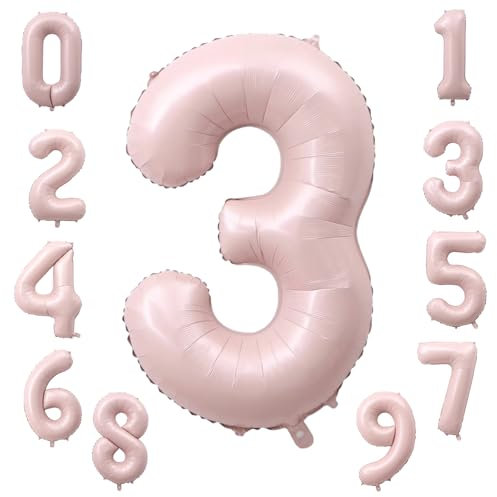 KOBOKO Zahlen Luftballon 3 Rosa, 40 Zoll Folienballon 3, Pastell Rosa Luftballons 3 Geburtstag Mädchen, Hell Pink Zahlenballon 3 Jahre Mädchen, Zahl 3 Helium Ballons Geburtstag für Kinder Party Deko