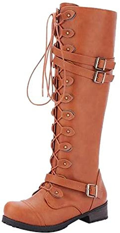 Stivali alti al ginocchio da donna, con tacco basso e grosso, con cerniera laterale, stivali alti con lacci, scarpe calde con fibbia per cintura borchiata, scarpe invernali da equitazione comode da