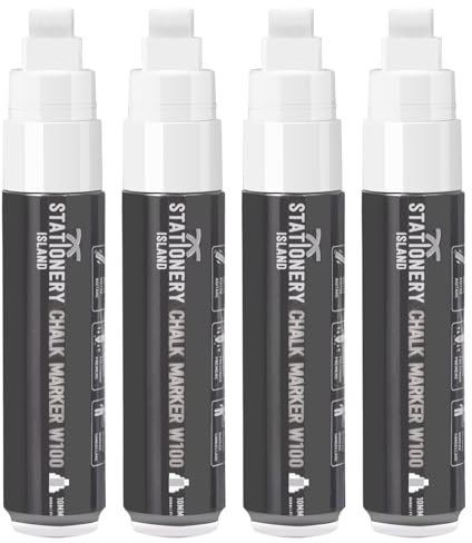 STATIONERY ISLAND Rotulador de tiza blanco, marcador de tiza para pizarra, marcador líquido borrable, lavable para pizarra, ventana, vidrio y espejo (punta redonda de 10 mm, 4 unidades)