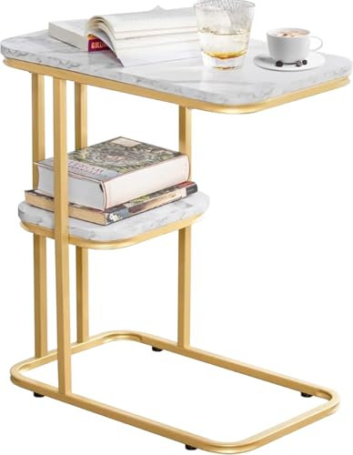 KEBMCHN Table d’appoint Basse, Guéridon Dappoint Salon, Petite Guéridon d'appoint pour Petit Canapé, Table de Chevet avec Cadre en Métal, Chevet Imitation marbre avec Espace de Rangement (Or)