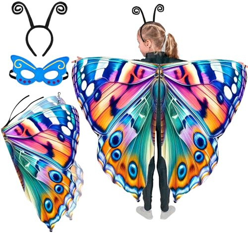 Mishopy Ailes Papillon Deguisement Enfants avec Masque Tête Boppers Cape Papillon Garçons Filles Halloween Costume Ailes Papillon Châle Party Deguisement Enfants