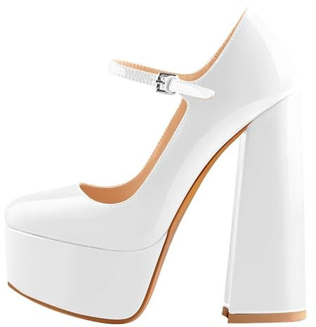 blingqueen Scarpe da donna con tacco alto Mary Jane con tacco a blocco, laccate, bianco, 45 EU