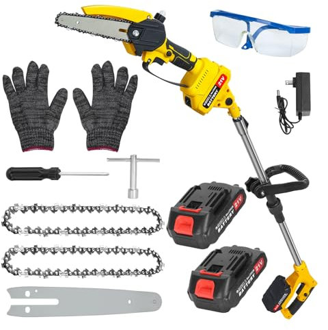 gihusrzx Seghe elettriche 2 in 1: mini motosega senza fili da 15,2 cm con asta di prolunga, 2 batterie, motosega senza spazzole per tagliarli, potatori a batteria, lunghezza 1,5 m, giallo