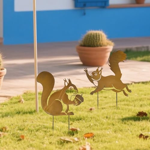 Whemyreat 2 Stück eichhörnchen rost deko für draußen,Metall Eichhörnchen zum Stecken in Rostoptik,Herbst gartenstecker rost,Gartendeko für Draußen,Edelrost Deko für Balkon & Terrasse
