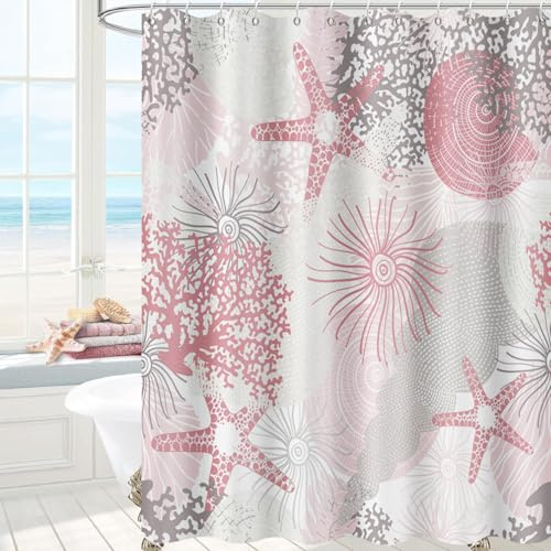 GCIREC Tenda Doccia, 180x200cm, Rosa Tropical Sea Shells Conchiglie Bussole Grigio Corallo Oceano Impermeabile Tessuto Macchina Lavabile Tenda da Bagno con Ganci