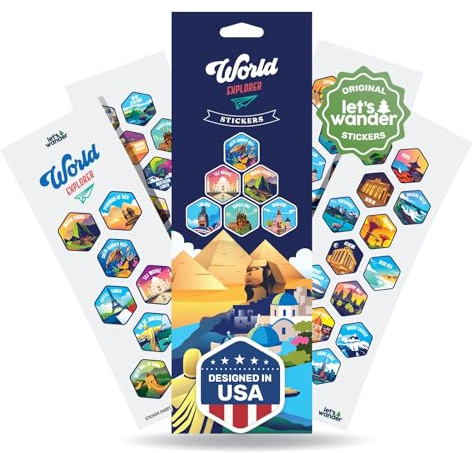 LET'S WANDER World Adventure Stickers Set of 50 - Designed for The World Explorer Water Bottle - Weatherproof & Waterproof Decals for Tumblers, Laptops, Phone Cases, Etc. (50 1x1 Inch Stickers)