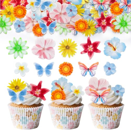 60 Stück Bunt Essbar Blumen Tortendeko | Schmetterlinge Blüten Cupcake Topper für Hochzeit, Geburtstag, Jubiläum
