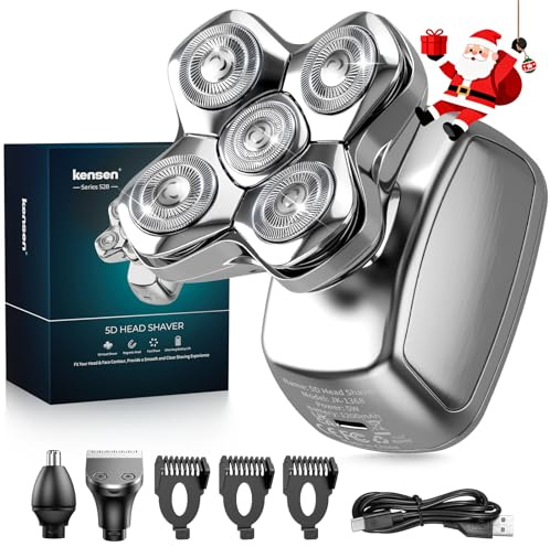 Kensen Head Shaver for Bald Men, 5D Rotary Electric Shaver | 3-in-1 Bald Razor with Beard Trimmer, Waterproof Magnetic Head, USB-C Rechargeable, 120 Min Runtime,Mens Grooming Kit