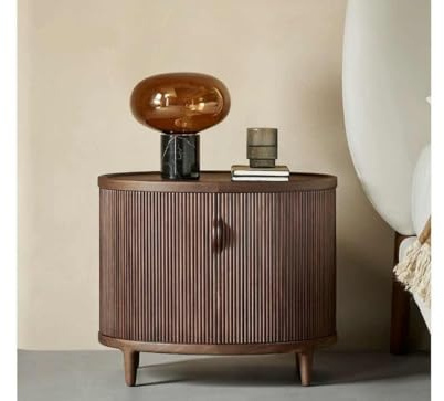 Console ovale chinoise moderne du milieu du siècle en noyer - Table de chevet cannelée en bois massif - Table de chevet contemporaine pour chambre à coucher et salon