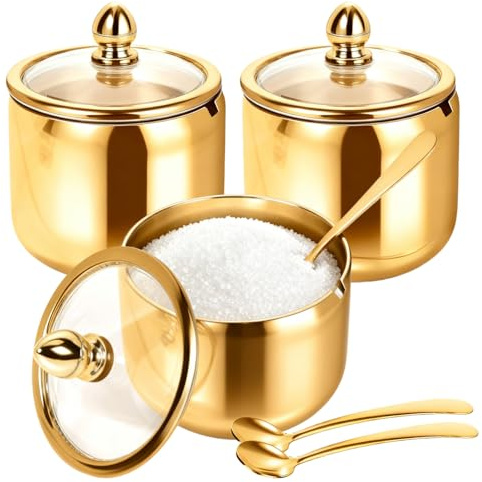 Frdhee 3 Set Sugar Bowl with Lid and Spoon, 8.5oz Stainless Steel Sugar Jar Salt Pot, Modern Gold Sugar Container Rustproof Condiment Pots for Seasoning Sugar Salt Coffee Bean