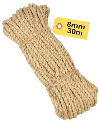 8mm Natural Jute Rope 30m Strong Garden Crafts, DIY Projects Gift Wrapping | Natural Jute Fibre, 8mm Thick, 30m Roll, Strong Braided Rope, Garden DIY, Cat Scratching Post Repair, Home Décor