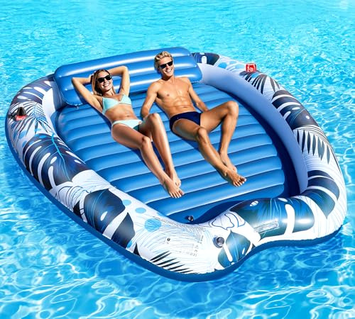 LanOcean Luftmatratze Pool Erwachsene, 230 * 170CM Pool Luftmatratze XXL mit 2 Getränkehalter, Liegepool Matratze Erwachsene mit Kopfstütze, Luftmatratzen 2 Personen Wasser Matratze für Pools Garten