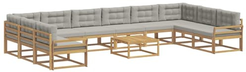 vidaXL Outdoor-Sofagarnitur mit Kissen 11 pcs Weiß und Hellgrau, Akazienholz Garten-Sofa-Set, Moderne Outdoor-Sitzgruppe, Bequeme Bänke für Terrasse, Garten, Poolmöbel
