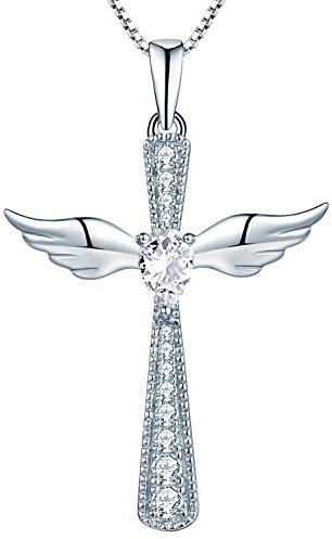 YL Kreuz Engelsflügel Halskette 925 Sterling Silber April Geburtsstein White Zirkonia Schutzengel Anhänger Halskette für Damen