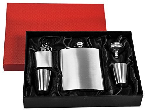 EYEPOWER Flachmann-Set Geschenkbox Edelstahl 210 ml Trichter, 4 Bechern, Schlüsselanhänger Silber