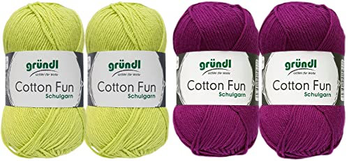 SB Pack Gründl Cotton Fun Häkelset für Topflappen Inhalt 4x50g Material 100% Baumwolle incl. Gratis Häkelanleitung und Häkelnadel (Apfel, Violett)