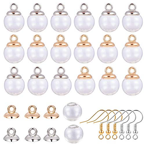 SUNNYCLUE 1 Box 40Pcs 12mm Mini Leere Klarglas Globe Bottle Wish Glaskugel, 40 Stücke Kunststoff Anhänger Kautionen Und Ohrring Haken Für DIY Anhänger Charme Bolzenohrrings Machen, Silber-& Gold