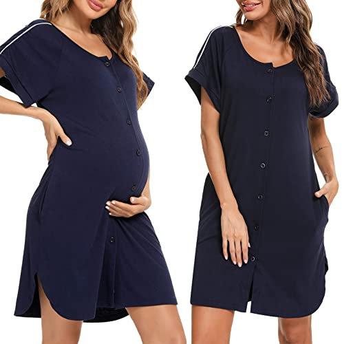 iClosam Chemise de Nuit Maternité Femme Coton Robe Allaitement Con Bouton Pyjama Maternité Manche Courte Nuisette Enceinte Devant Ouvert Doux et Confortable S-XXL