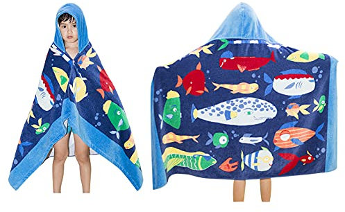 BANGSAUR Kinder-Strandtuch mit Kapuze, 100% Baumwolle, weich und saugfähig, Badetuch, Badetuch, Überzieher für Jungen und Mädchen, extra Größe: 127×76cm (Viele Fische)