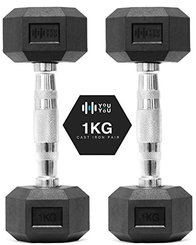 You vs You Hex Dumbbells Weights Pair for Home Exercise | 1kg Set of 2 Hexagonal Weight Rubber Encased for Home Fitness Gym Workouts Training Muscle Building & Conditioning | Unisex | Strength Fitness
