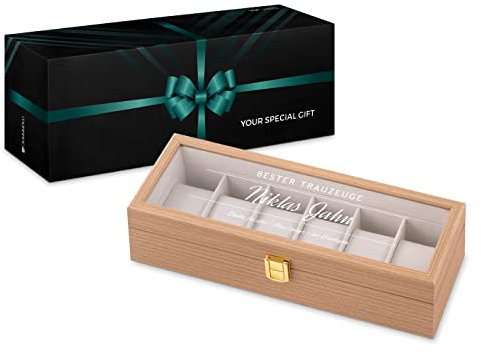 Maverton Uhrenbox mit Gravur für 6 Uhren - Uhrenschachtel Uhrenaufbewahrungsbox aus Holz - personalisiert - braun 31x11x8cm - Geschenk zum Geburtstag für Männer - Trauzeuge