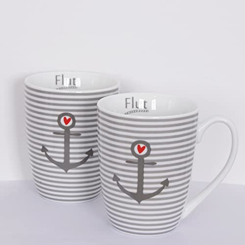 Seaside64 Tasse/Becher-2er Set maritim Anker Herzen - Ebbe und Flut Kaffeetasse Teetasse - 330ml Ankerliebe - Kaffeepott Kaffeebecher weiß grau - Porzellan - (Set 2 Tassen Anker und Streifen)