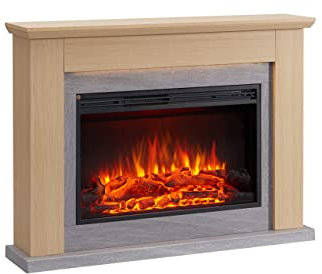 BALDERIA Typhon Elektrokamin - Elektrischer Standkamin mit Heizung 1000/2000 W, realistischer 3D-Flammeneffekt, LED-Beleuchtung, Fernbedienung programmierbar, Timer, Thermostat - Hellbraun