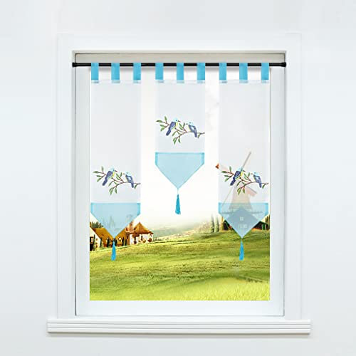 CORLIF 3er-Set Scheibengardine mit Schlaufen Voile Transparente Bistrogardine Landhaus Küche Kurzstore Kleinfenster Gardine mit Stickerei Muster Blau BxH 20x50cm 1er Pack + BxH 20x70cm 2er Pack
