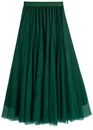 iyoimono Damen Tüllrock Falten Rock Höhe Taille A Line Mesh Freizeit Fashion Skirt Spitze Rock Midi Plisseerock Lässig Frühlingsrock(Dunkelgrün)