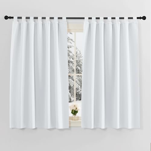 PONY DANCE Gardinen Kurz Schlaufenschal 2er Set - Gardine Küchefenster Vorhang Weiß Blickdicht Thermovorhang gegen Kälte und Hitze Gardinen mit Schlaufen, H 145 x B 140 cm, Grau-weiß