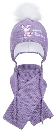 Smarilla Strickmütze Baby Mädchen Winterset Bommelmütze+Schal, Farbe: Flieder