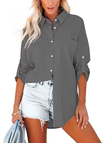 Homlan Bluse Damen Baumwolle Langarm Roll Up Elegant Oberteile Lässige Hemden Knöpfleiste Einfarbig Langarmshirt Tunika Hemdbluse Mit Brusttaschen (XX-Large, Dunkelgrau)