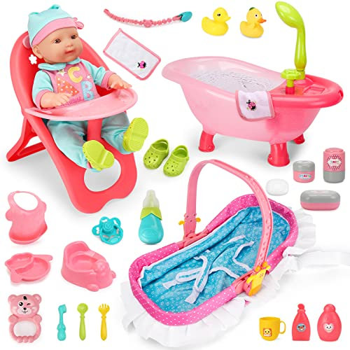 deAO Ensemble de poupée 3 en 1,Jouet de Bain poupée avec Baignoire,Ensemble d'alimentation pour poupée Nouveau-né avec Chaise Haute,Ensemble de Couchage poupée,Cadeau Fille 3 4 Ans+
