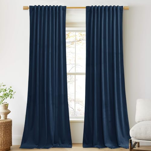 StangH Extra Long Blue Velvet Curtains - Thermal Insulated Curtains for High Ceiling Home Decor Blackout Window Panels for Bedroom, Navy Blue, W52 x L120, 2 Panels