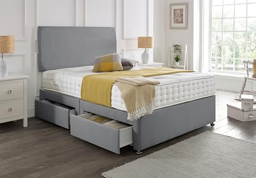 SANA SLEEP Premium Plain Fabric Divan Bed Set With Mattress, 2 Drawers (Same Side) and Headboard 6FT Super King - Sierra Shark Grey