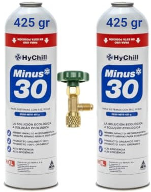 Recamania Pack 2 Envases (+ Valvula) Gas refrigerante orgánico ecológico Minus 30.Mirar tablas de presiones para su regulación y ficha de seguridad